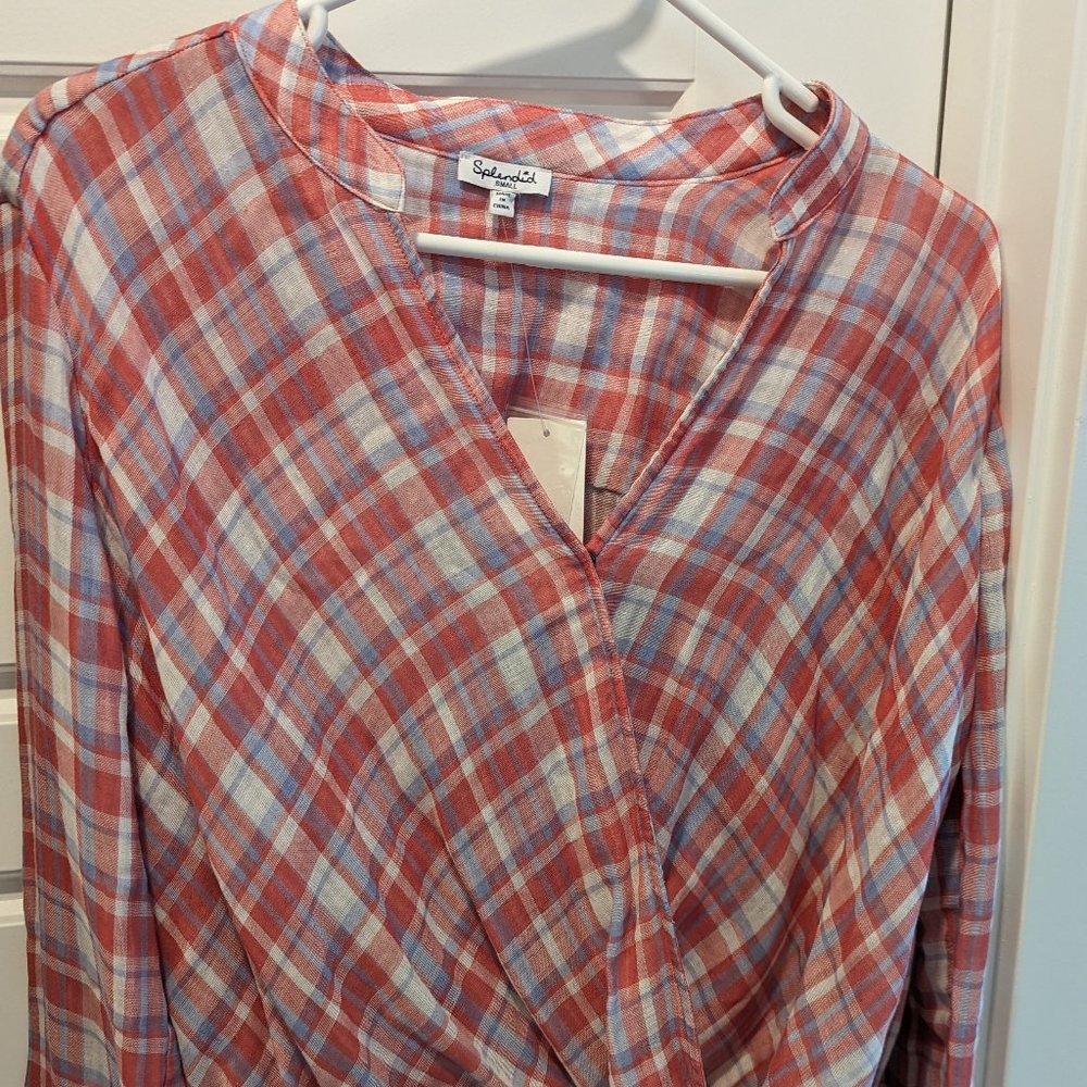 Splendid Carmine Plaid Gauze Cotton Long Sleeve Cross-Over Shirt Small